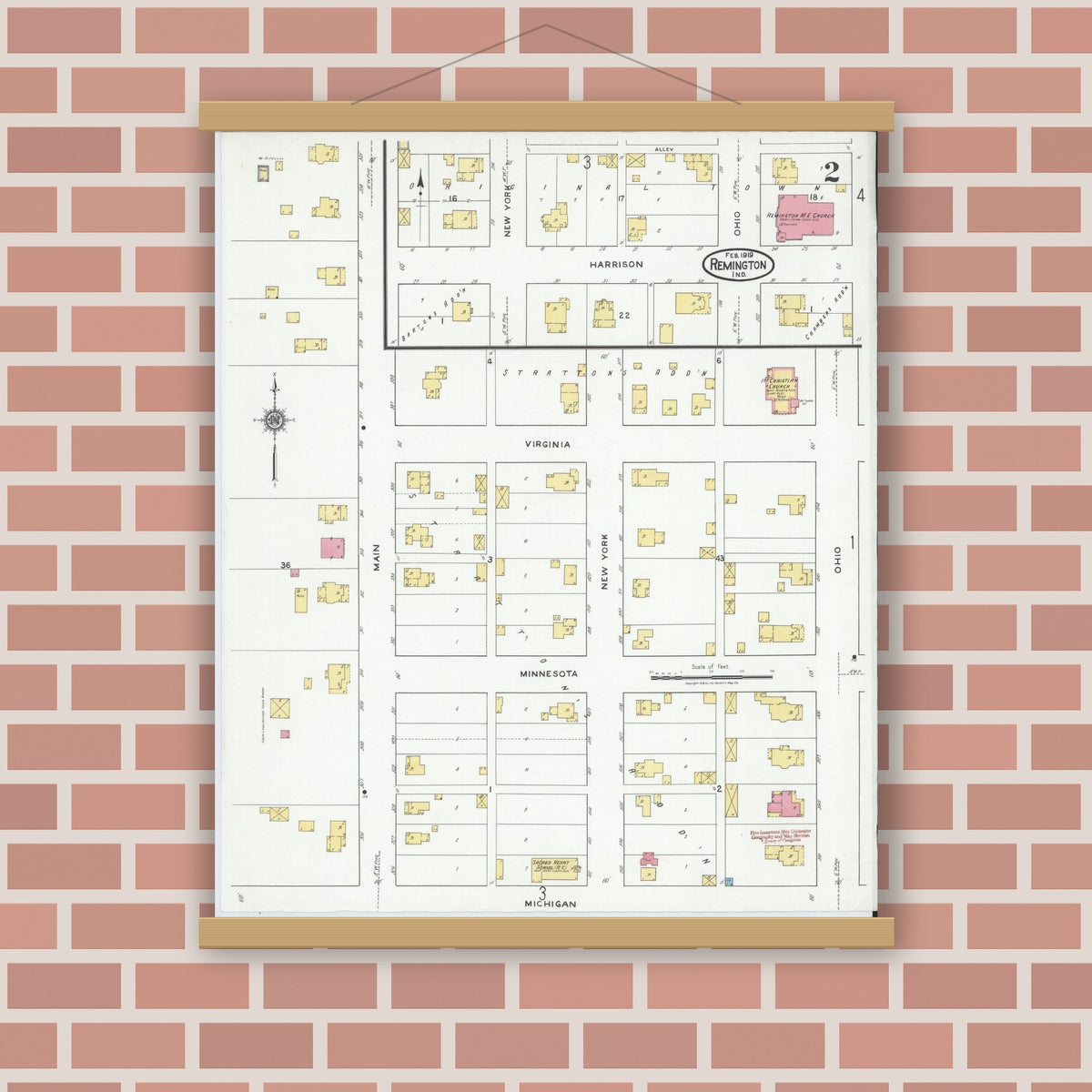 Old map wall art mockup — magnetic wood frame on brick wall — Sanborn Fire Insurance Map from Remington, Jasper County, Indiana (1919), Sheet #0002