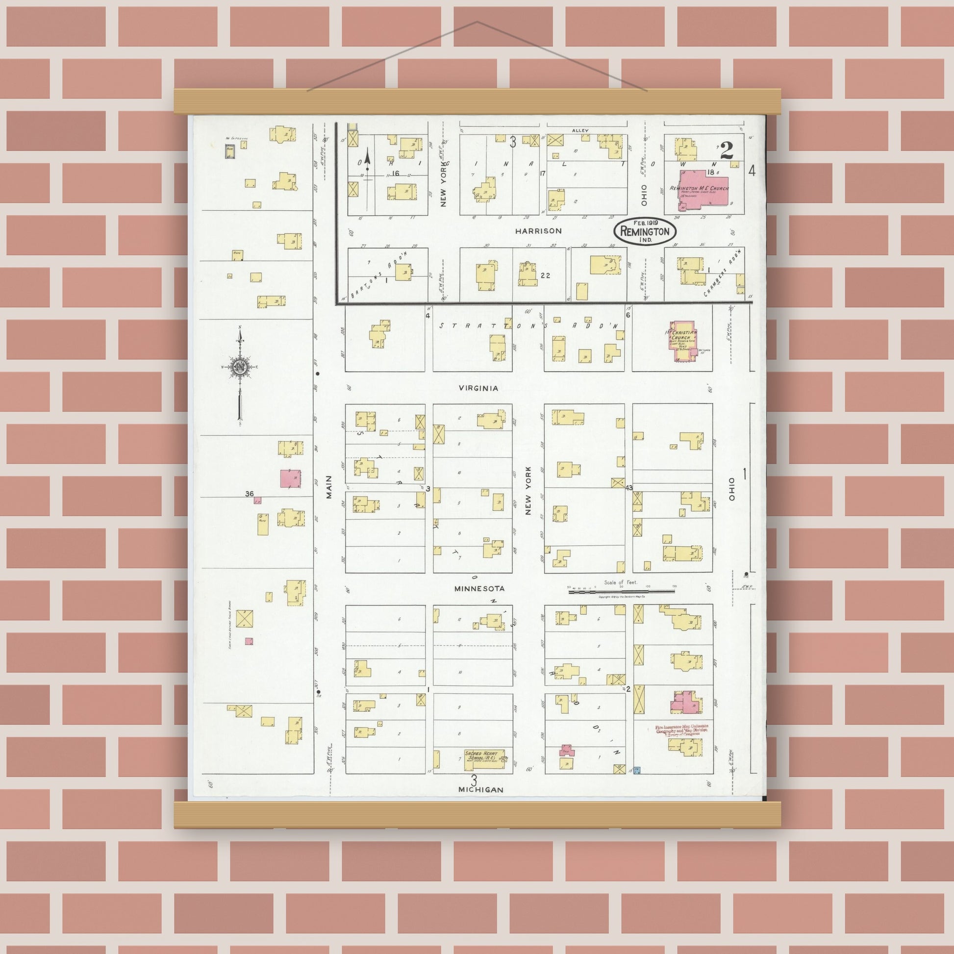 Old map wall art mockup — magnetic wood frame on brick wall — Sanborn Fire Insurance Map from Remington, Jasper County, Indiana (1919), Sheet #0002