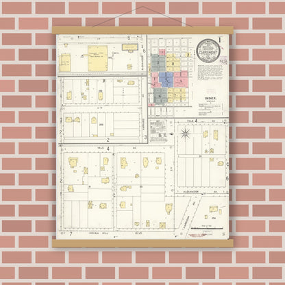 Old map wall art mockup — magnetic wood frame on brick wall — Sanborn Fire Insurance Map from Claremont, Los Angeles County, California (1909) - Complete Map Set