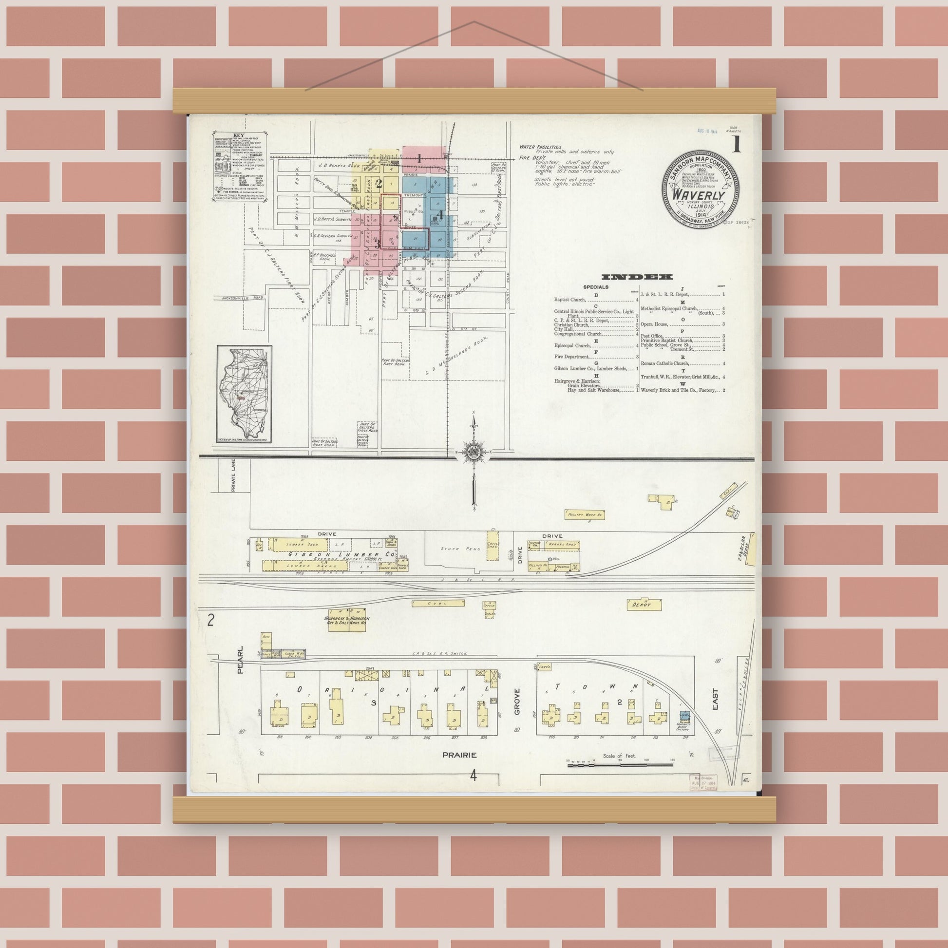 Old map wall art mockup — magnetic wood frame on brick wall — Sanborn Fire Insurance Map from Waverly, Morgan County, Illinois (1914), Sheet #0001