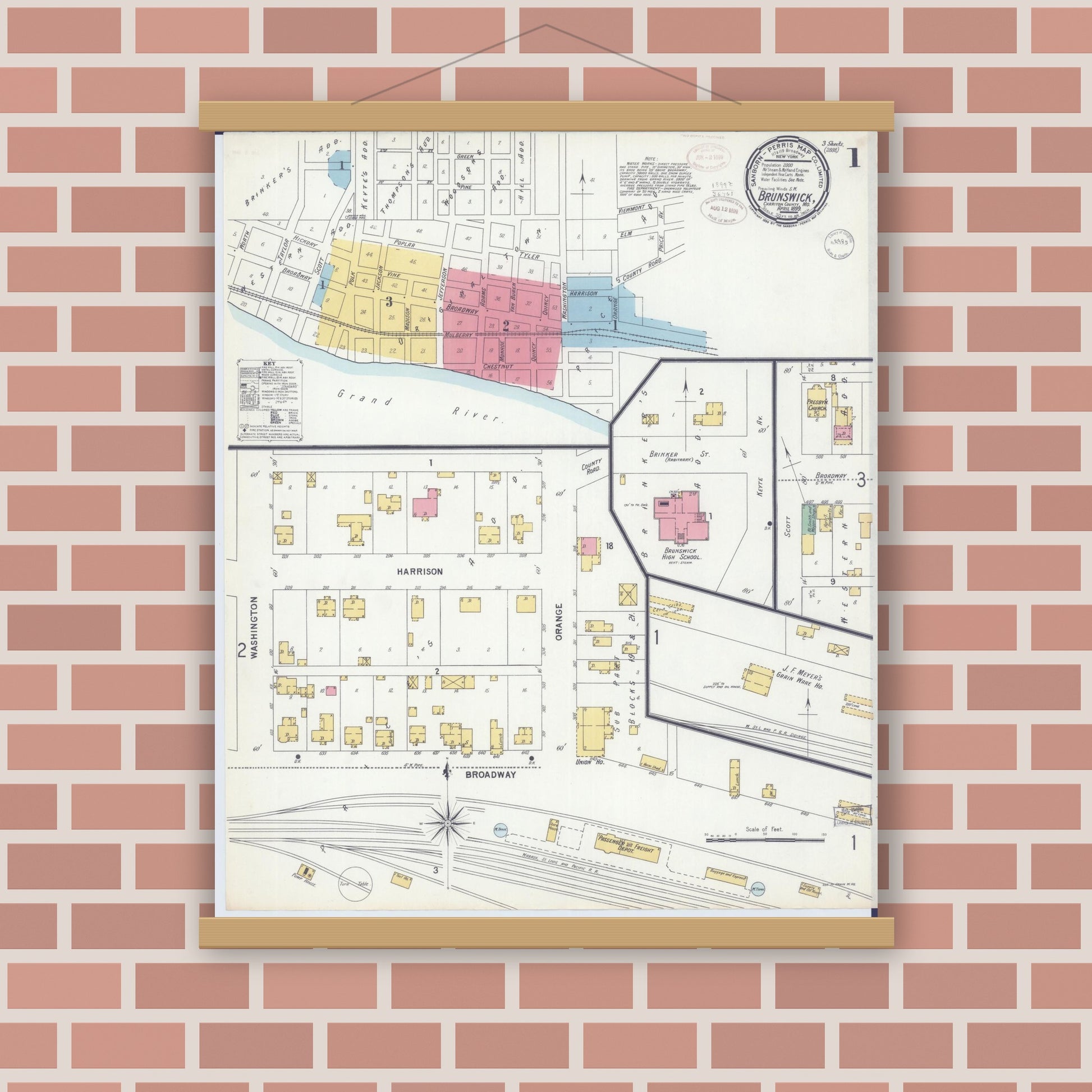 Old map wall art mockup — magnetic wood frame on brick wall — Sanborn Fire Insurance Map from Brunswick, Chariton County, Missouri (1899) - Complete Map Set