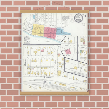 Old map wall art mockup — magnetic wood frame on brick wall — Sanborn Fire Insurance Map from Brunswick, Chariton County, Missouri (1899) - Complete Map Set