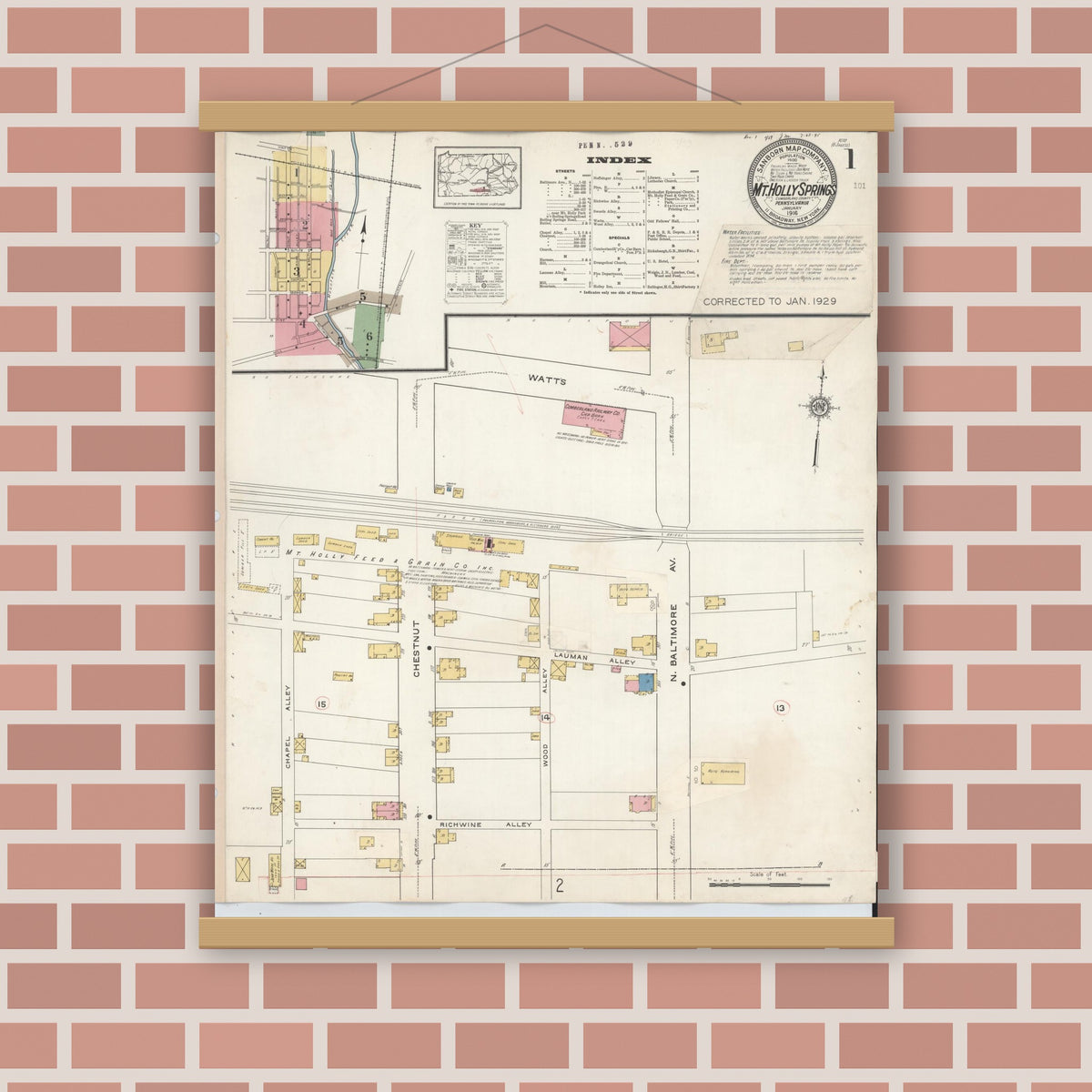 Old map wall art mockup — magnetic wood frame on brick wall — Sanborn Fire Insurance Map from Mount Holly Springs, Cumberland County, Pennsylvania (1929), Sheet #0001