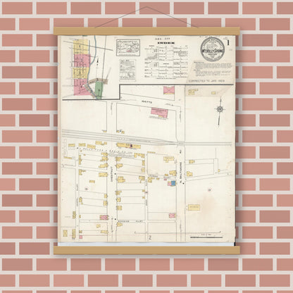 Old map wall art mockup — magnetic wood frame on brick wall — Sanborn Fire Insurance Map from Mount Holly Springs, Cumberland County, Pennsylvania (1929), Sheet #0001
