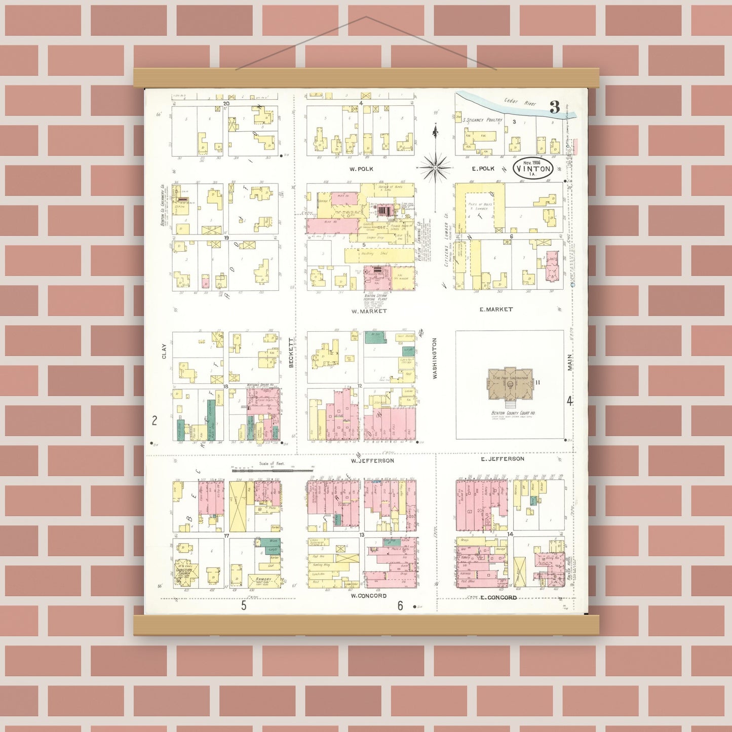 Old map wall art mockup — magnetic wood frame on brick wall — Sanborn Fire Insurance Map from Vinton, Benton County, Iowa (1906), Sheet #0003
