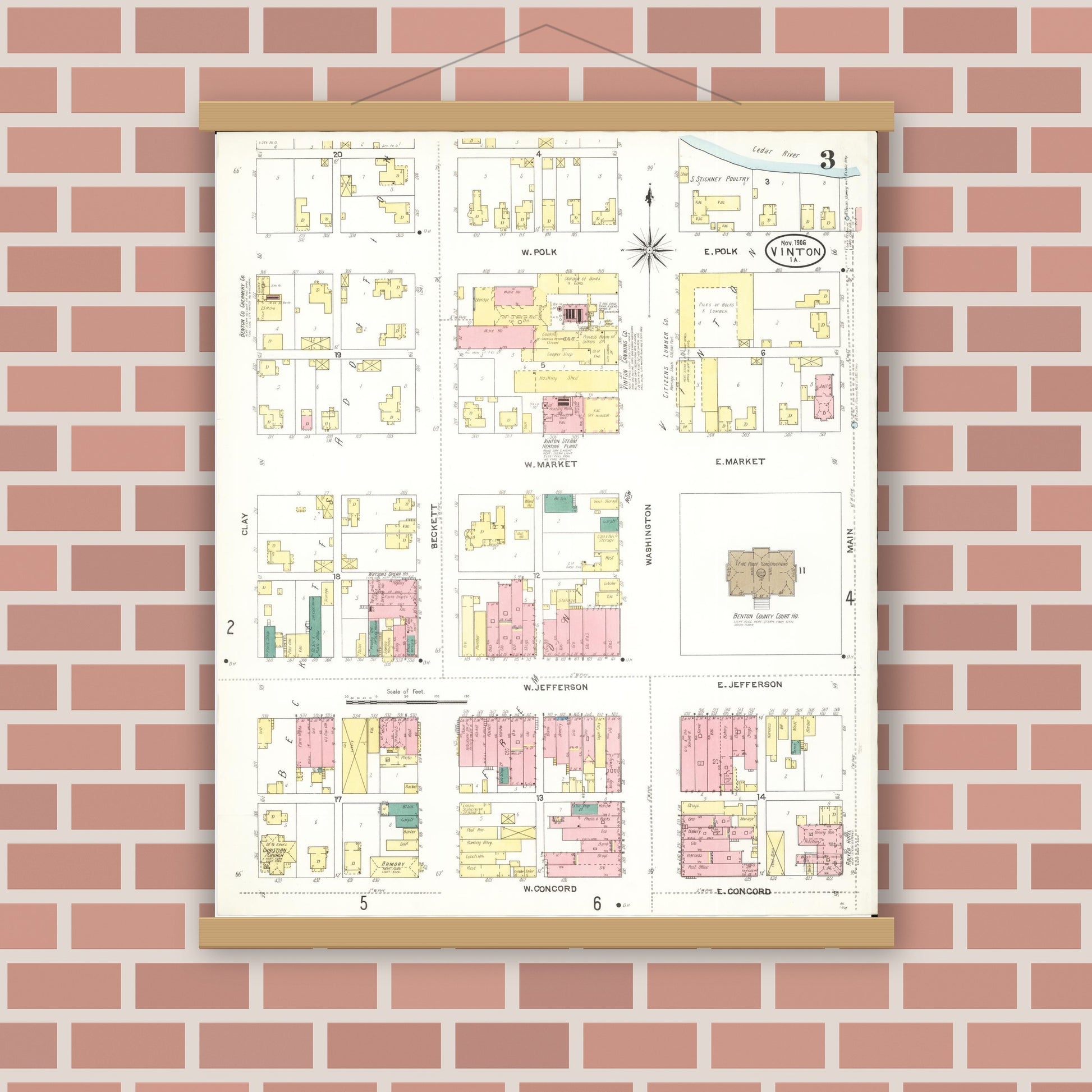 Old map wall art mockup — magnetic wood frame on brick wall — Sanborn Fire Insurance Map from Vinton, Benton County, Iowa (1906), Sheet #0003