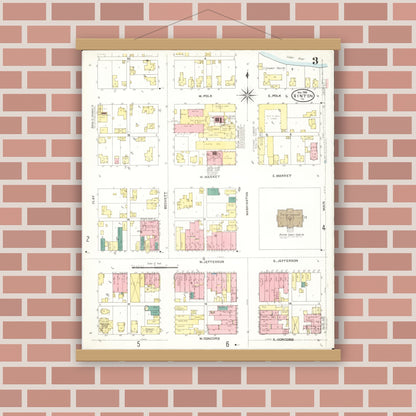 Old map wall art mockup — magnetic wood frame on brick wall — Sanborn Fire Insurance Map from Vinton, Benton County, Iowa (1906), Sheet #0003