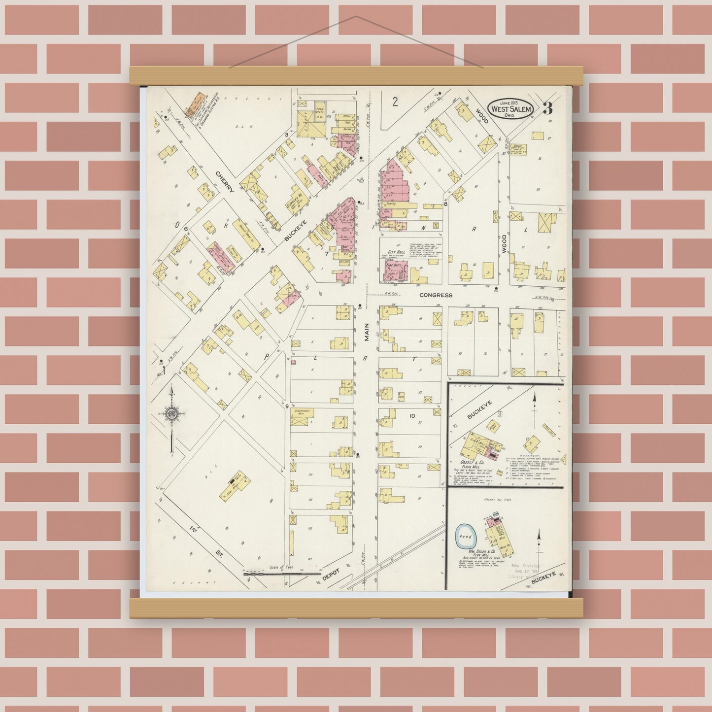 Old map wall art mockup — magnetic wood frame on brick wall — Sanborn Fire Insurance Map from West Salem, Wayne County, Ohio (1915), Sheet #0003