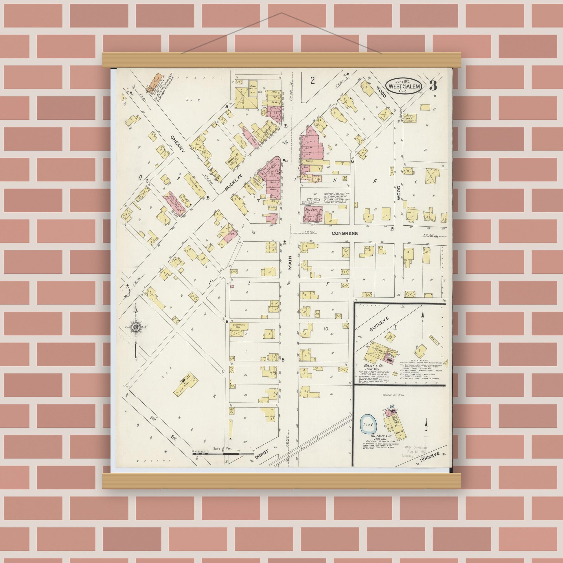 Old map wall art mockup — magnetic wood frame on brick wall — Sanborn Fire Insurance Map from West Salem, Wayne County, Ohio (1915), Sheet #0003
