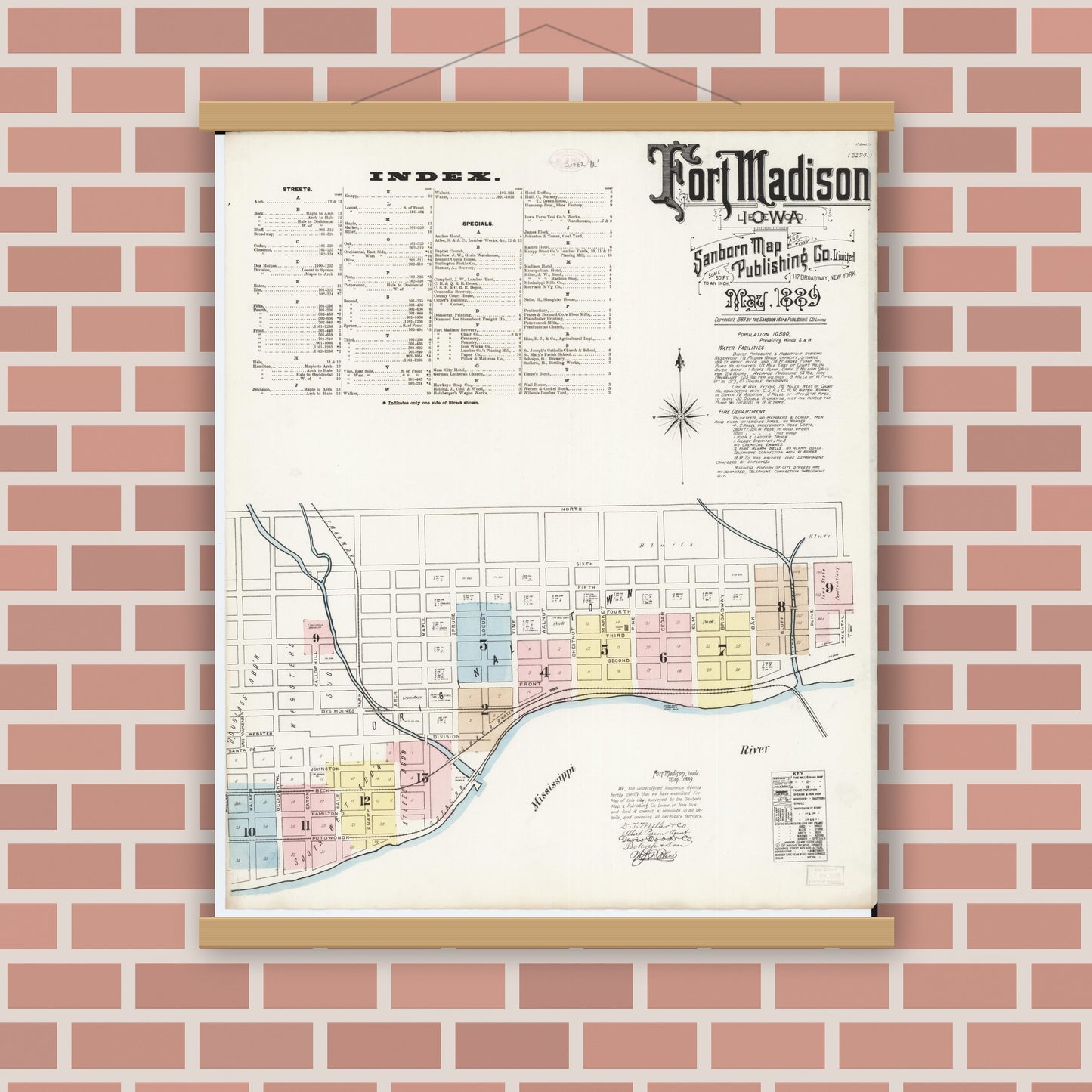 Old map wall art mockup — magnetic wood frame on brick wall — Sanborn Fire Insurance Map from Fort Madison, Lee County, Iowa (1889) â€” Complete Set