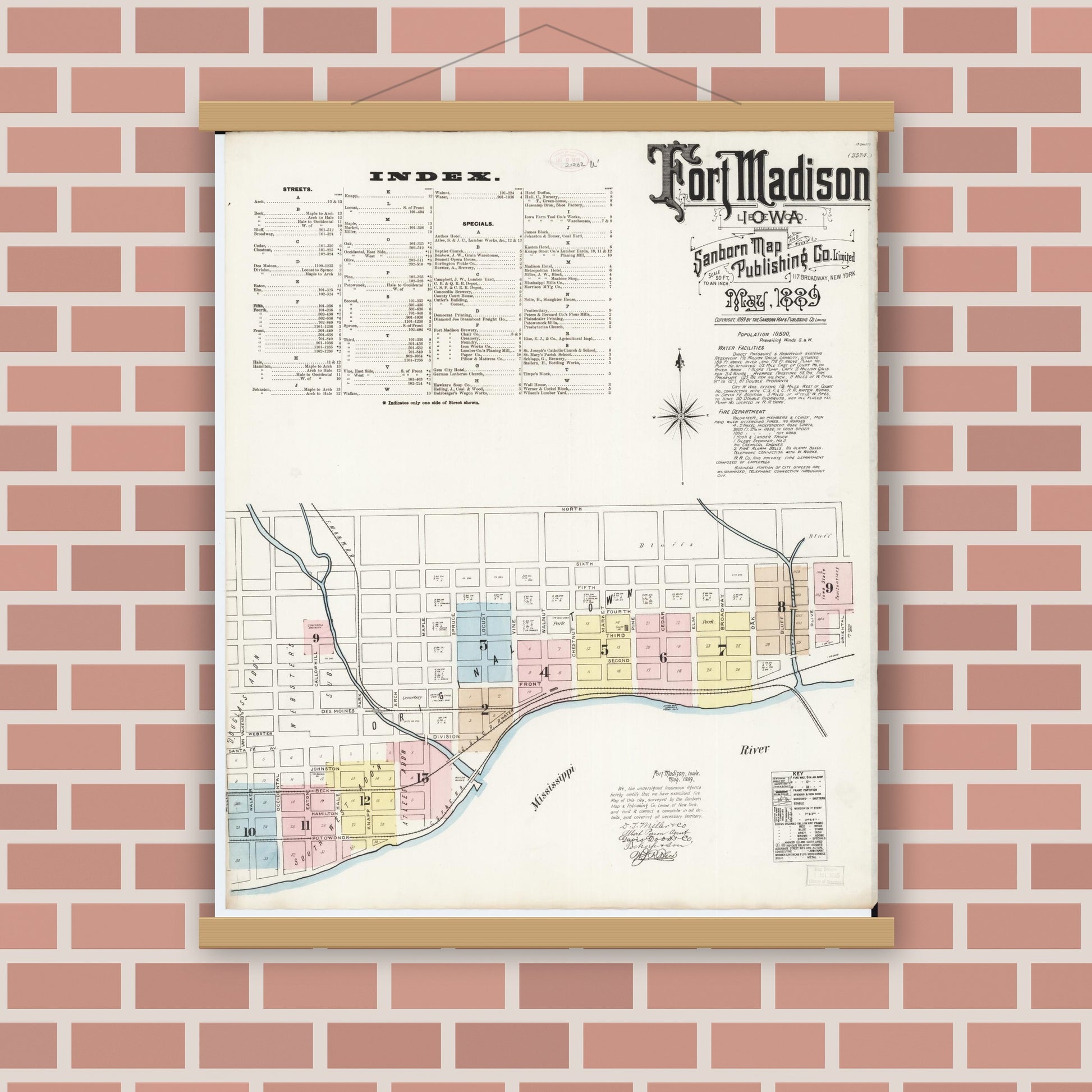 Old map wall art mockup — magnetic wood frame on brick wall — Sanborn Fire Insurance Map from Fort Madison, Lee County, Iowa (1889) â€” Complete Set