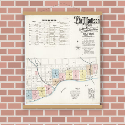 Old map wall art mockup — magnetic wood frame on brick wall — Sanborn Fire Insurance Map from Fort Madison, Lee County, Iowa (1889) â€” Complete Set