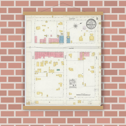 Old map wall art mockup — magnetic wood frame on brick wall — Sanborn Fire Insurance Map from Mount Olive, Wayne County, North Carolina (1905) - Complete Map Set
