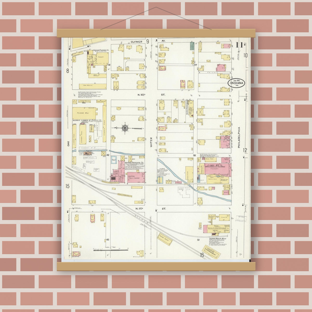 Old map wall art mockup — magnetic wood frame on brick wall — Sanborn Fire Insurance Map from Indiana, Indiana County, Pennsylvania (1910), Sheet #0011