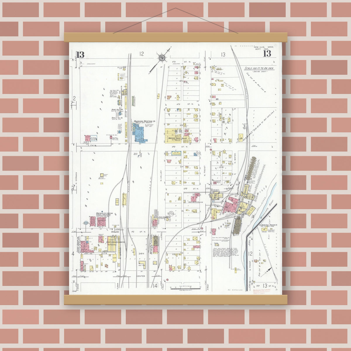 Old map wall art mockup — magnetic wood frame on brick wall — Sanborn Fire Insurance Map from New Ulm, Brown County, Minnesota (1935), Sheet #0013