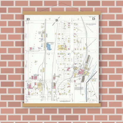 Old map wall art mockup — magnetic wood frame on brick wall — Sanborn Fire Insurance Map from New Ulm, Brown County, Minnesota (1935), Sheet #0013