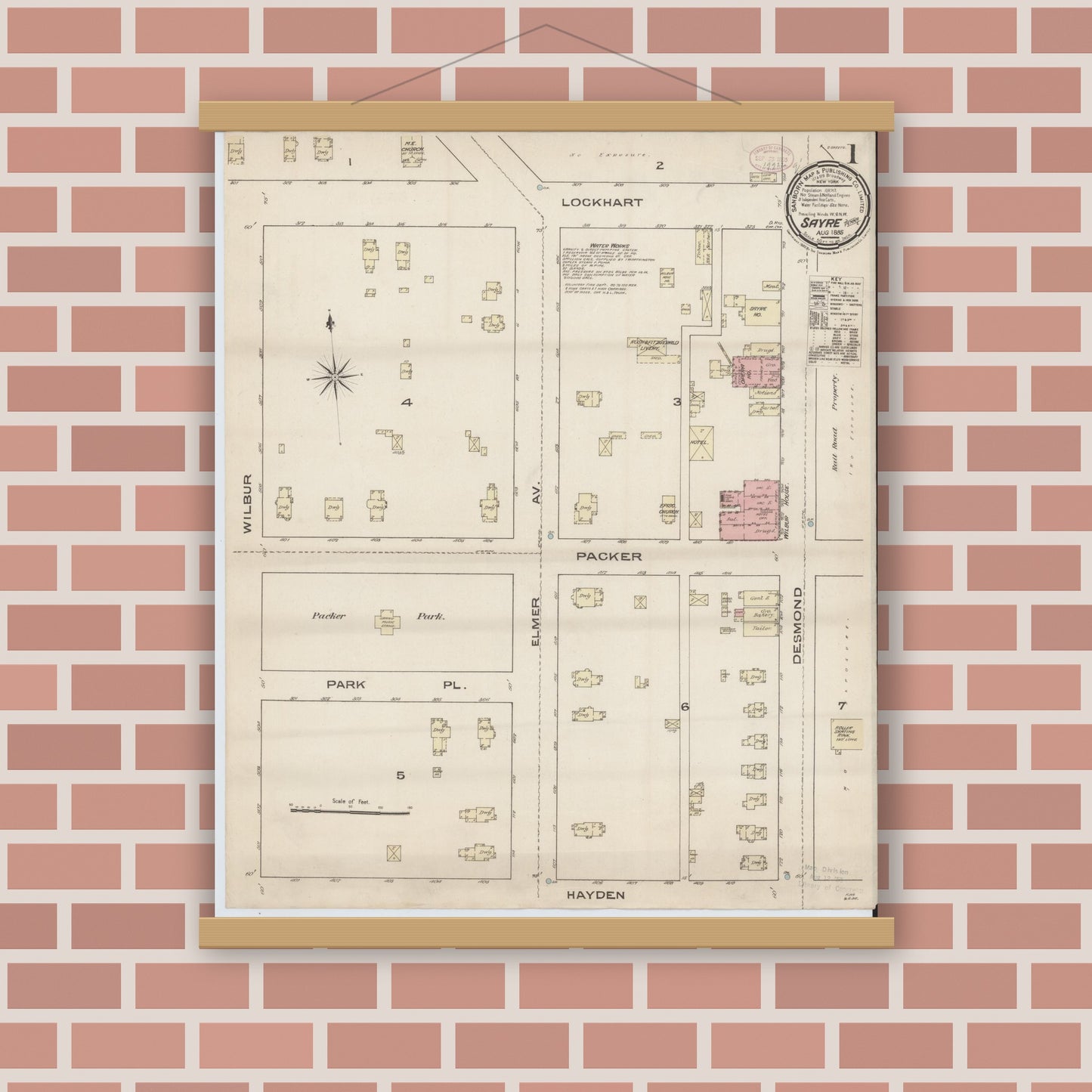 Old map wall art mockup — magnetic wood frame on brick wall — Sanborn Fire Insurance Map from Sayre, Bradford County, Pennsylvania (1885) - Complete Map Set