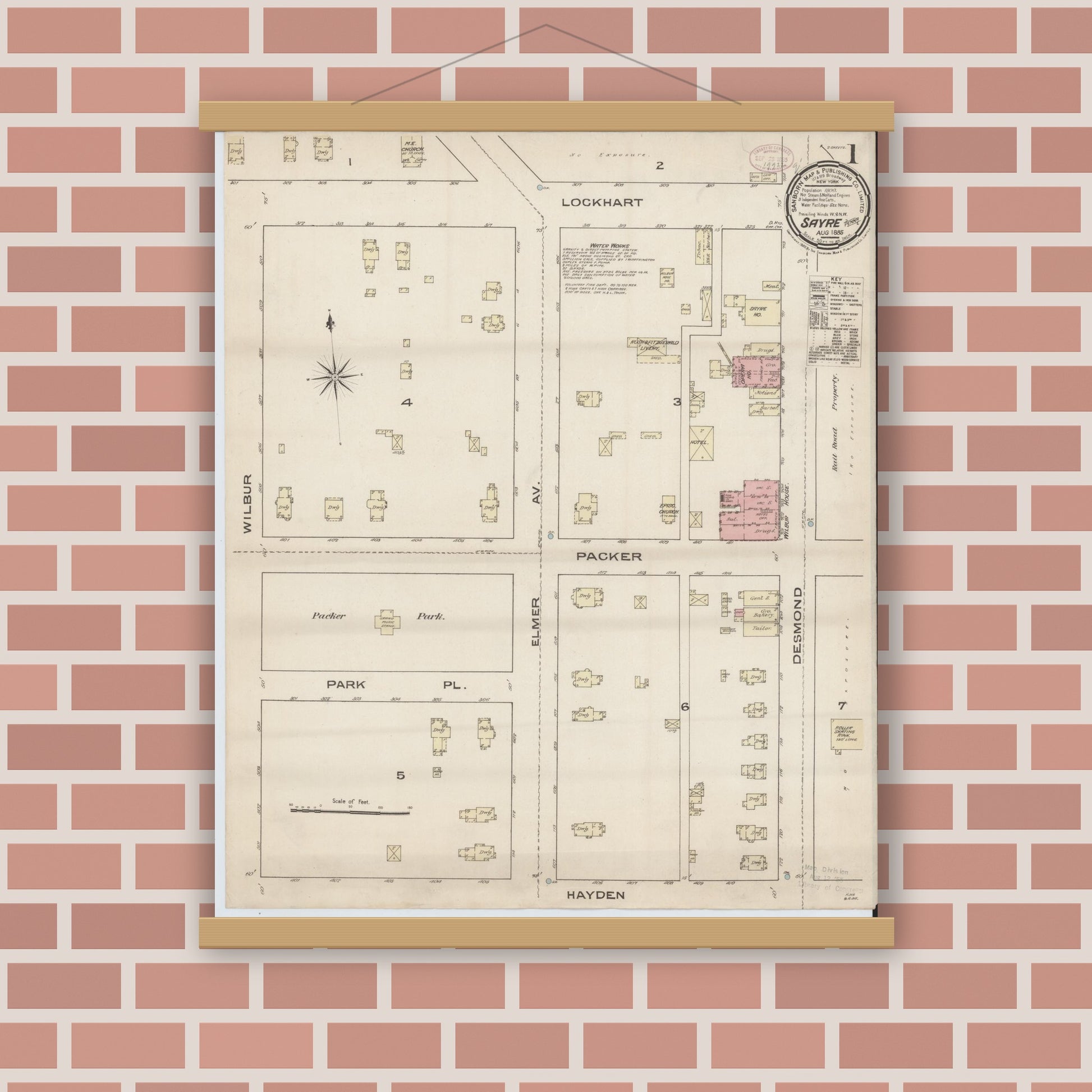 Old map wall art mockup — magnetic wood frame on brick wall — Sanborn Fire Insurance Map from Sayre, Bradford County, Pennsylvania (1885) - Complete Map Set