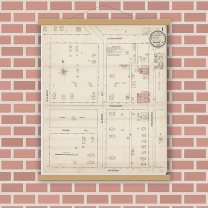 Old map wall art mockup — magnetic wood frame on brick wall — Sanborn Fire Insurance Map from Sayre, Bradford County, Pennsylvania (1885) - Complete Map Set