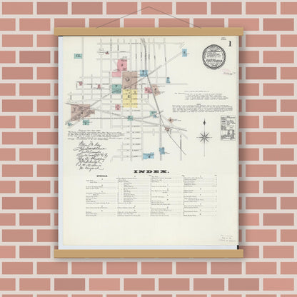 Old map wall art mockup — magnetic wood frame on brick wall — Sanborn Fire Insurance Map from Fostoria, Seneca, Hancock, And Wood Counties, Ohio (1891), Sheet #0001