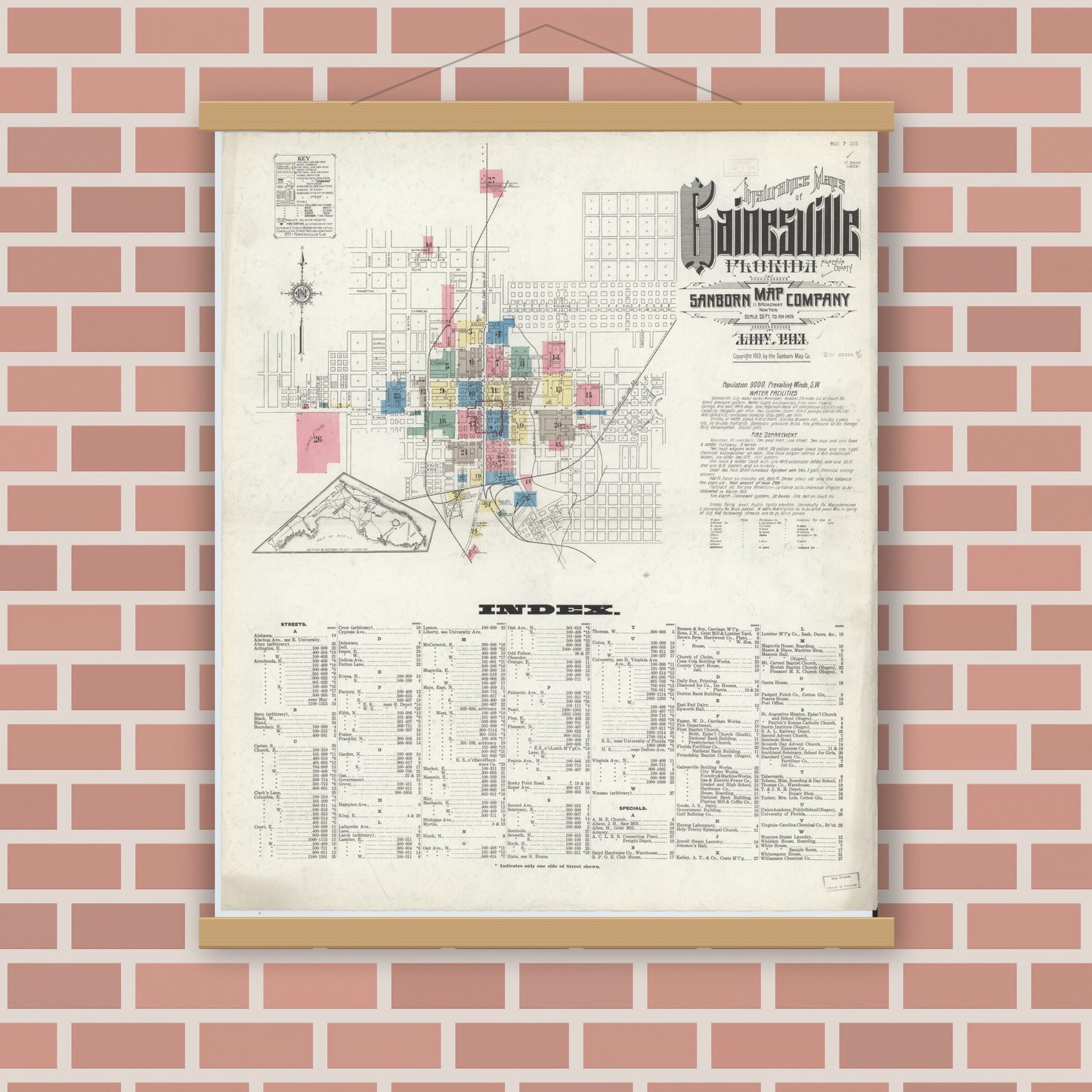 Old map wall art mockup — magnetic wood frame on brick wall — Sanborn Fire Insurance Map from Gainesville, Alachua County, Florida (1913), Sheet #0001