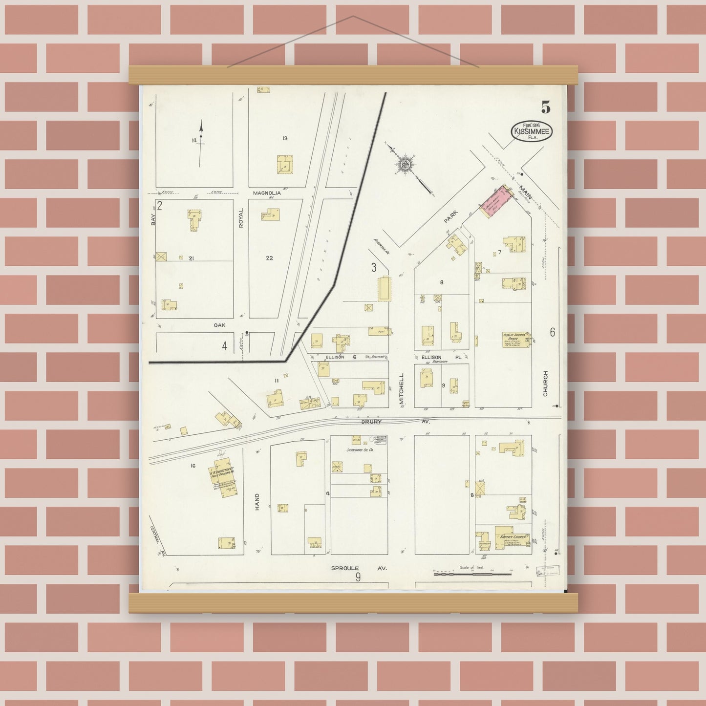 Old map wall art mockup — magnetic wood frame on brick wall — Sanborn Fire Insurance Map from Kissimmee, Osceola County, Florida (1914), Sheet #0005