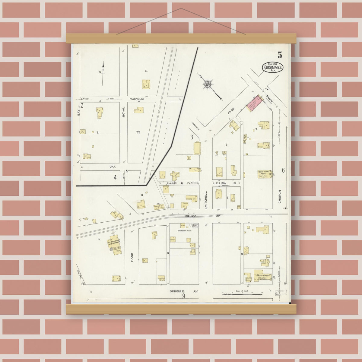 Old map wall art mockup — magnetic wood frame on brick wall — Sanborn Fire Insurance Map from Kissimmee, Osceola County, Florida (1914), Sheet #0005