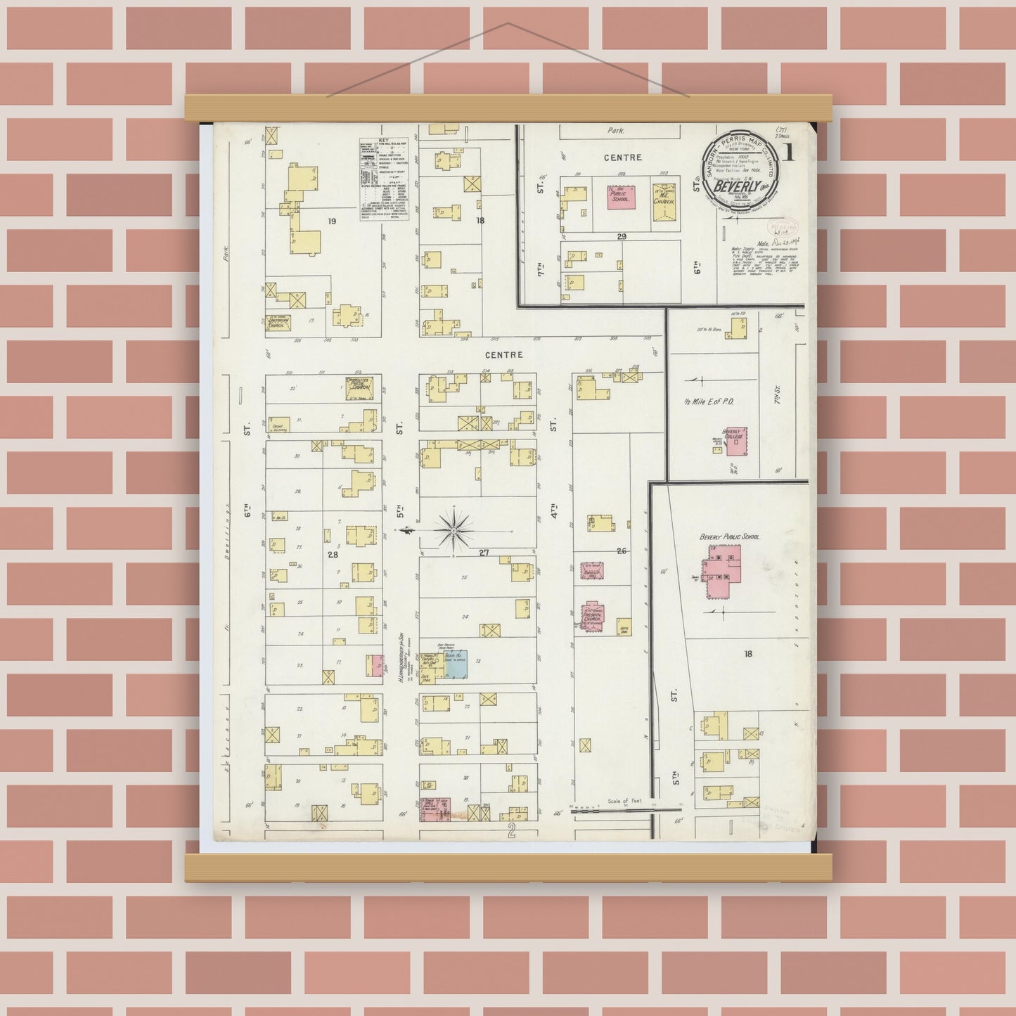 Old map wall art mockup — magnetic wood frame on brick wall — Sanborn Fire Insurance Map from Beverly, Washington County, Ohio (1895) - Complete Map Set