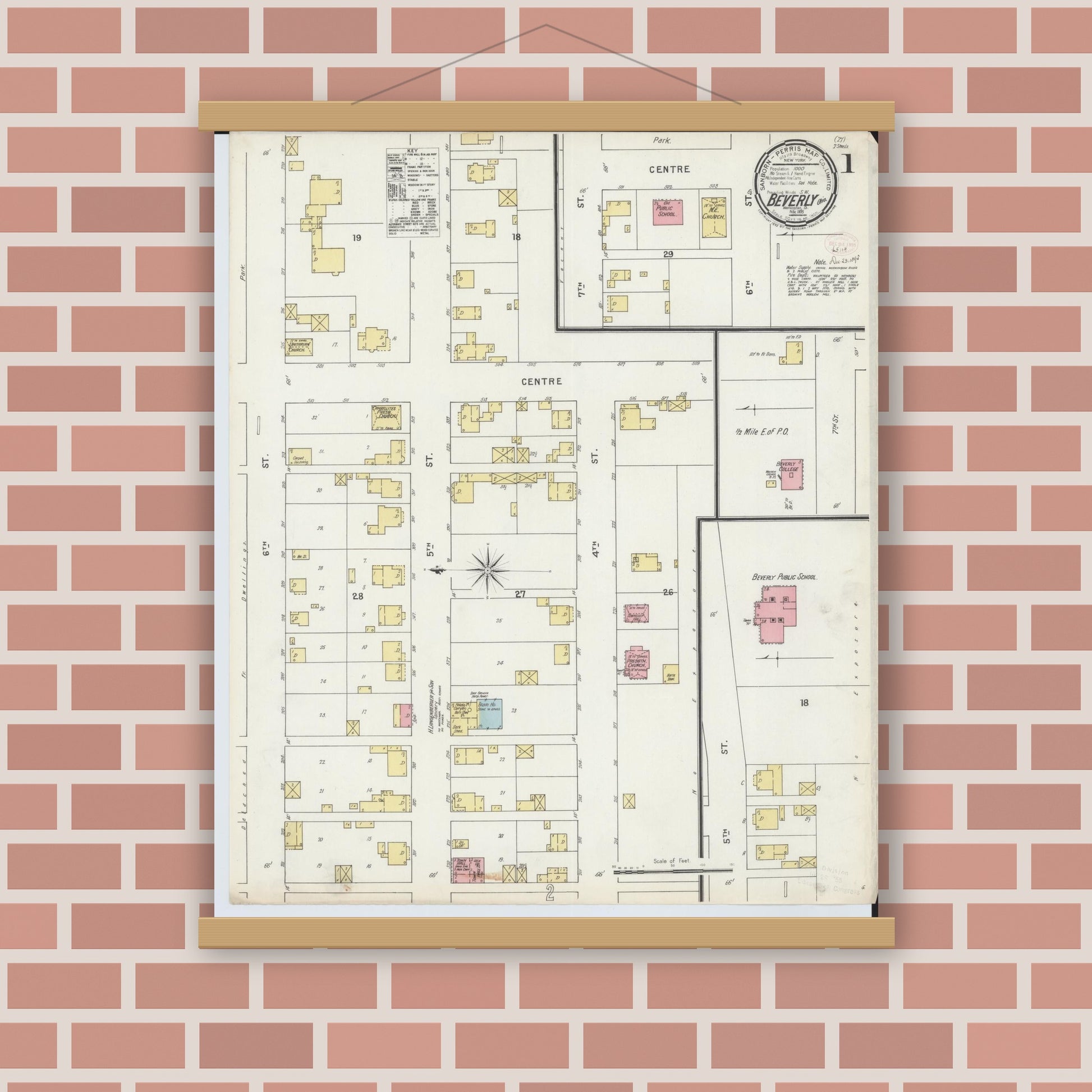 Old map wall art mockup — magnetic wood frame on brick wall — Sanborn Fire Insurance Map from Beverly, Washington County, Ohio (1895) - Complete Map Set
