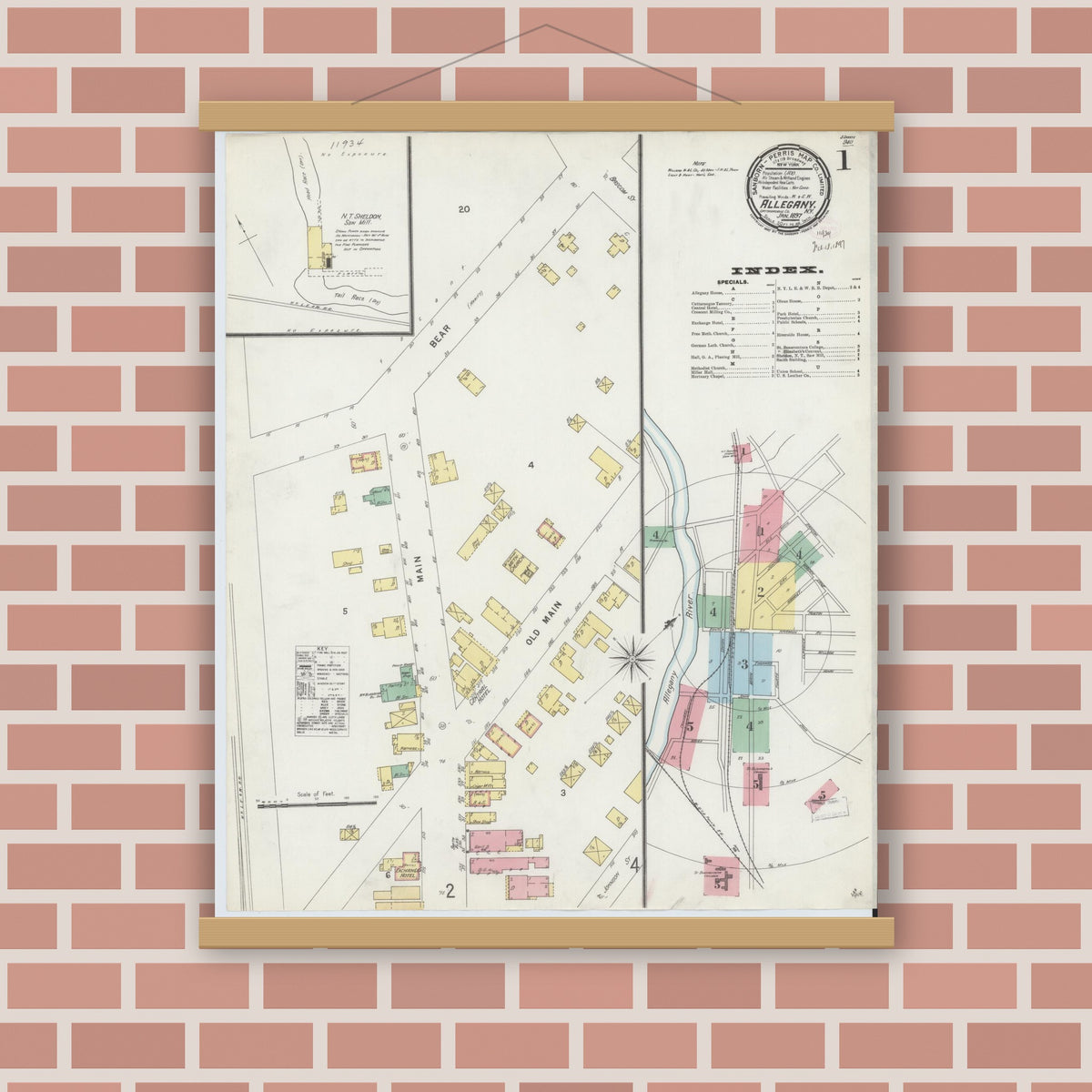Old map wall art mockup — magnetic wood frame on brick wall — Sanborn Fire Insurance Map from Allegany, Cattaraugus County, New York (1897), Sheet #0001