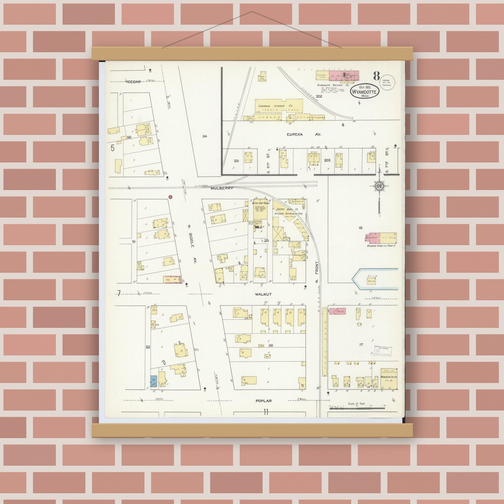 Old map wall art mockup — magnetic wood frame on brick wall — Sanborn Fire Insurance Map from Wyandotte, Wayne County, Michigan (1912), Sheet #0008