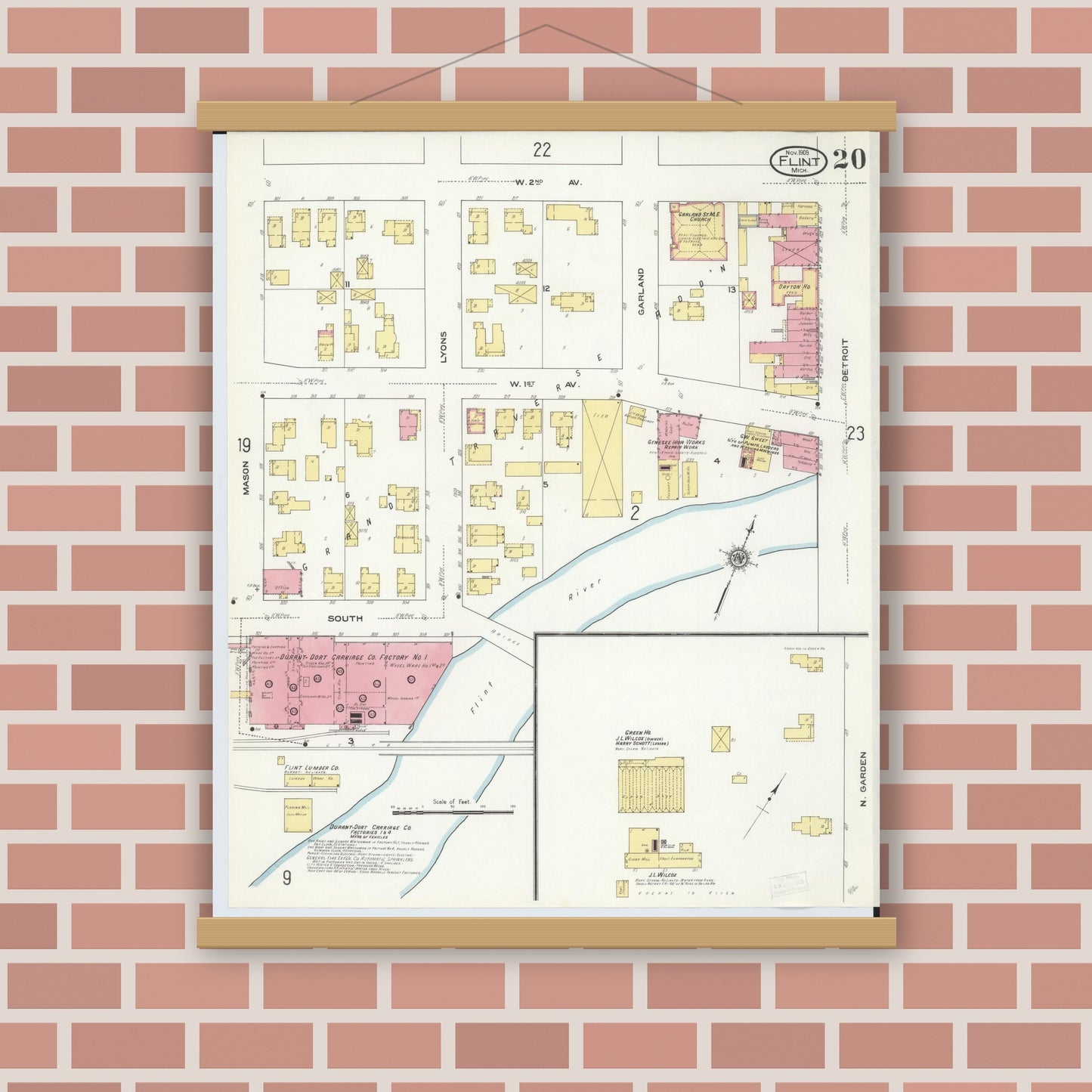 Old map wall art mockup — magnetic wood frame on brick wall — Sanborn Fire Insurance Map from Flint, Genesee County, Michigan (1909), Sheet #0020