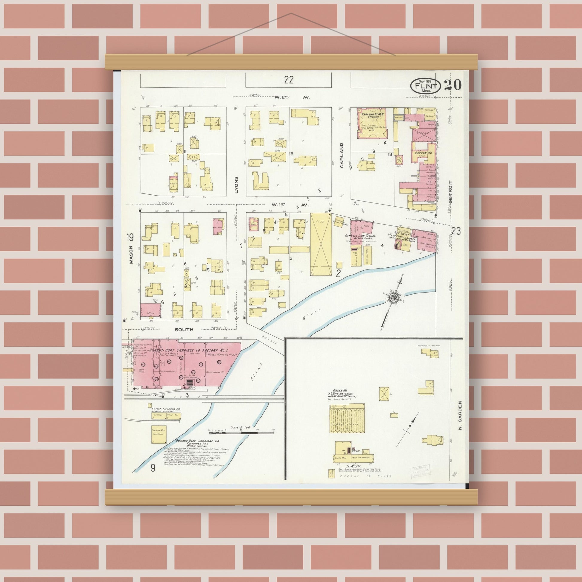 Old map wall art mockup — magnetic wood frame on brick wall — Sanborn Fire Insurance Map from Flint, Genesee County, Michigan (1909), Sheet #0020