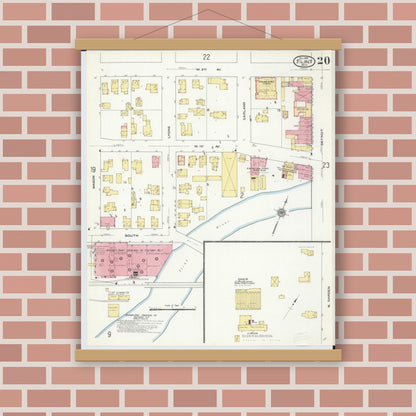 Old map wall art mockup — magnetic wood frame on brick wall — Sanborn Fire Insurance Map from Flint, Genesee County, Michigan (1909), Sheet #0020