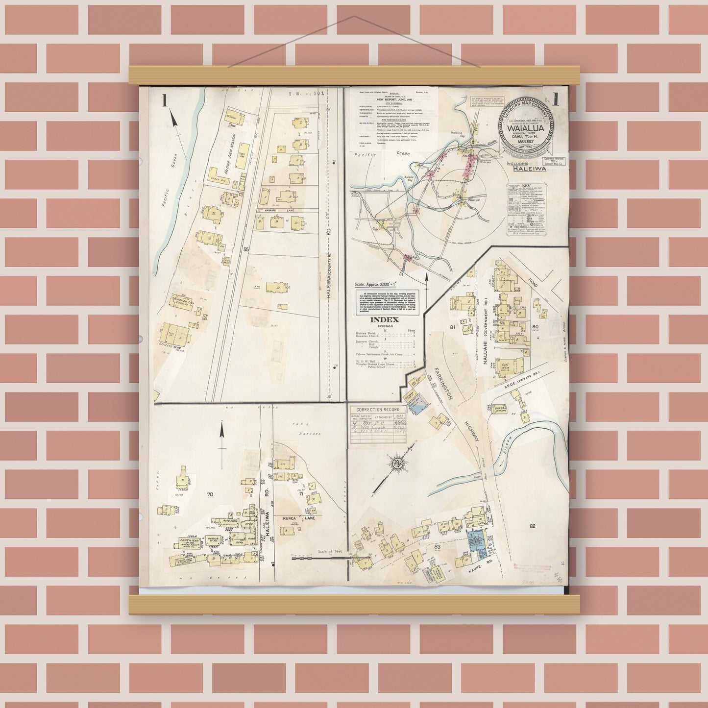 Old map wall art mockup — magnetic wood frame on brick wall — Sanborn Fire Insurance Map from Waialua, Honolulu County, Hawaii (1957), Sheet #0001