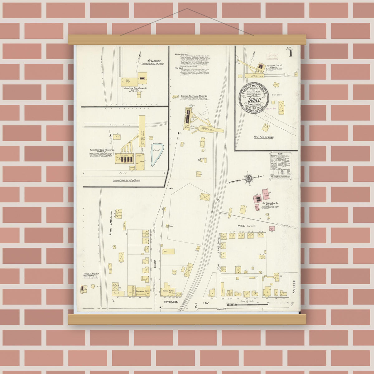 Old map wall art mockup — magnetic wood frame on brick wall — Sanborn Fire Insurance Map from Dunlo, Cambria County, Pennsylvania (1910), Sheet #0001