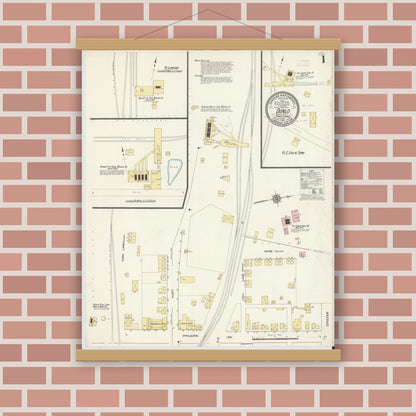Old map wall art mockup — magnetic wood frame on brick wall — Sanborn Fire Insurance Map from Dunlo, Cambria County, Pennsylvania (1910), Sheet #0001