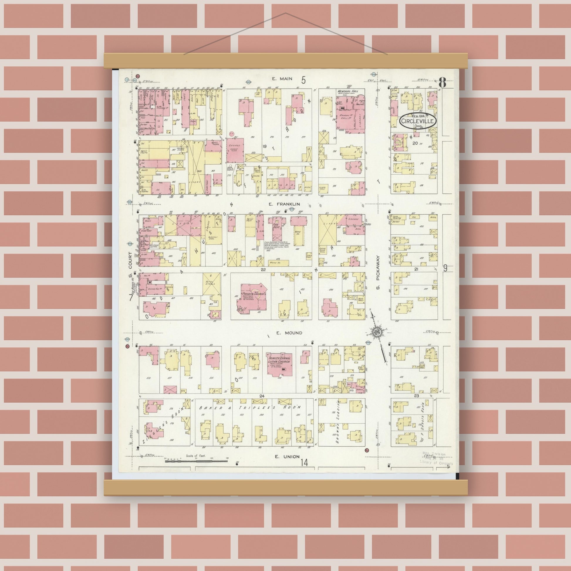 Old map wall art mockup — magnetic wood frame on brick wall — Sanborn Fire Insurance Map from Circleville, Pickaway County, Ohio (1914), Sheet #0008