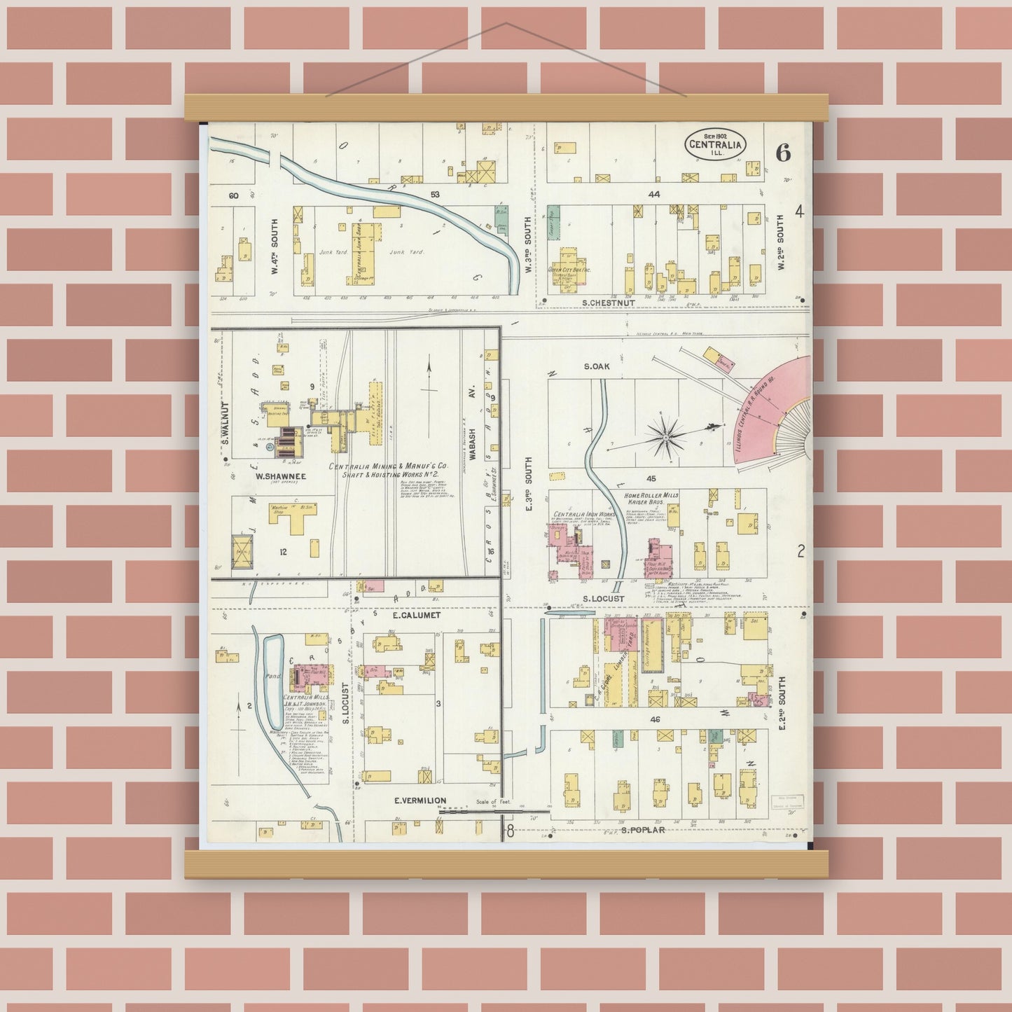 Old map wall art mockup — magnetic wood frame on brick wall — Sanborn Fire Insurance Map from Centralia, Marion, Clinton, Jefferson, and Washington Counties, Illinois (1902), Sheet #0006