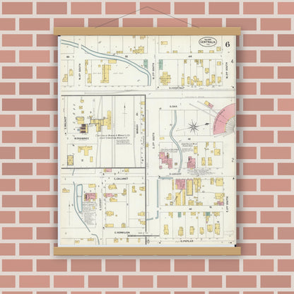 Old map wall art mockup — magnetic wood frame on brick wall — Sanborn Fire Insurance Map from Centralia, Marion, Clinton, Jefferson, and Washington Counties, Illinois (1902), Sheet #0006