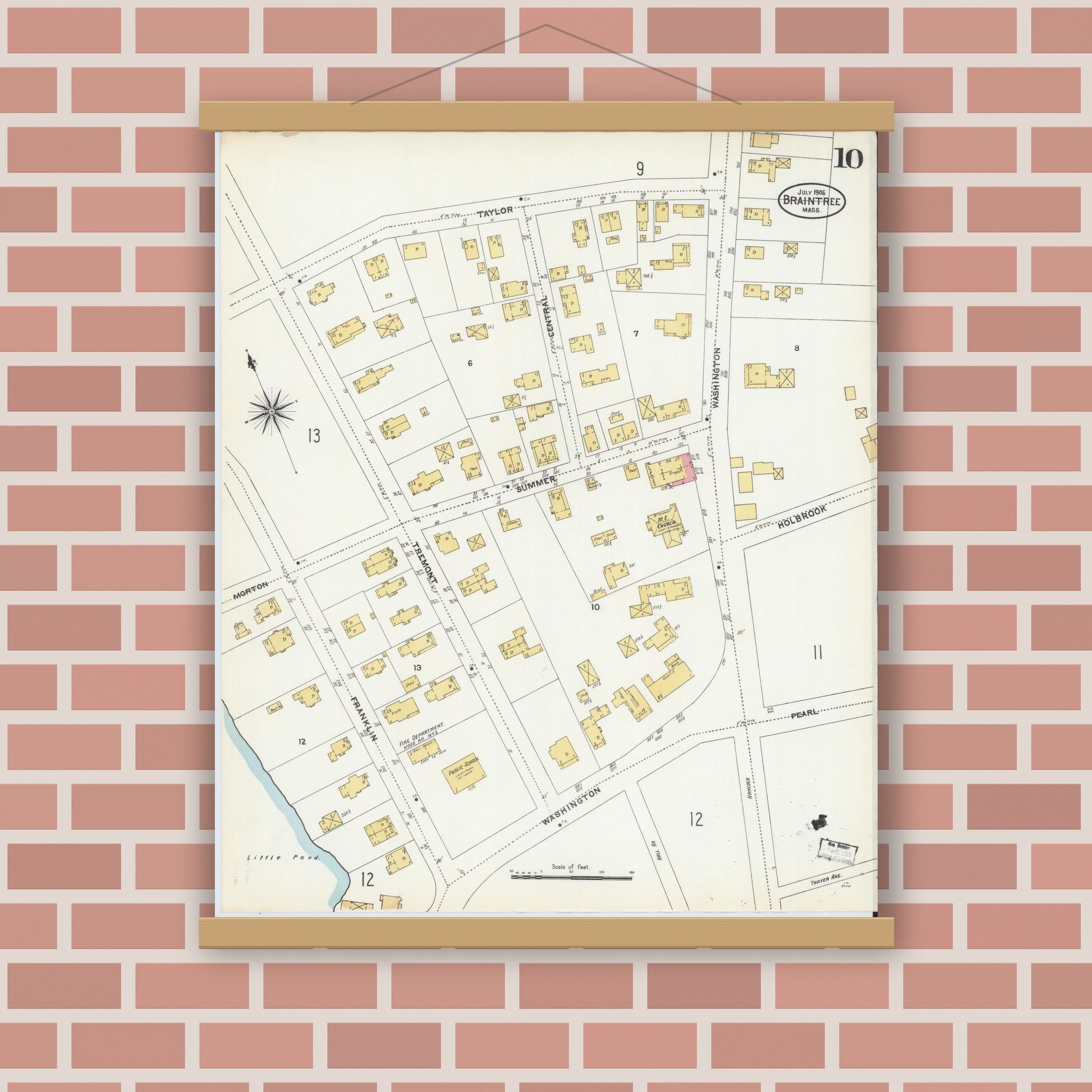 Old map wall art mockup — magnetic wood frame on brick wall — Sanborn Fire Insurance Map from Braintree, Norfolk County, Massachusetts (1906), Sheet #0010