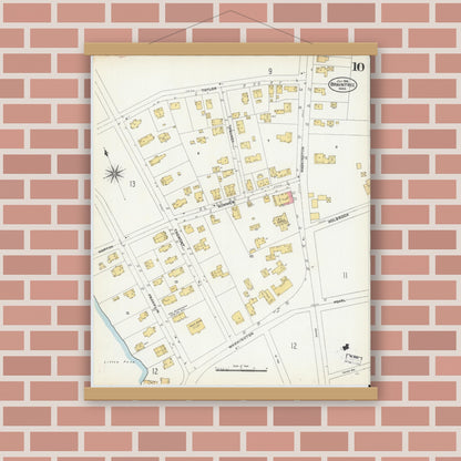 Old map wall art mockup — magnetic wood frame on brick wall — Sanborn Fire Insurance Map from Braintree, Norfolk County, Massachusetts (1906), Sheet #0010