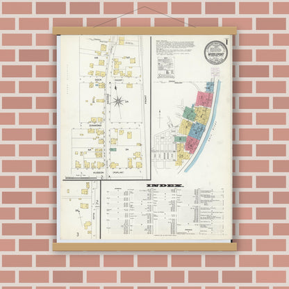 Old map wall art mockup — magnetic wood frame on brick wall — Sanborn Fire Insurance Map from Middleport, Meigs County, Ohio (1908), Sheet #0001