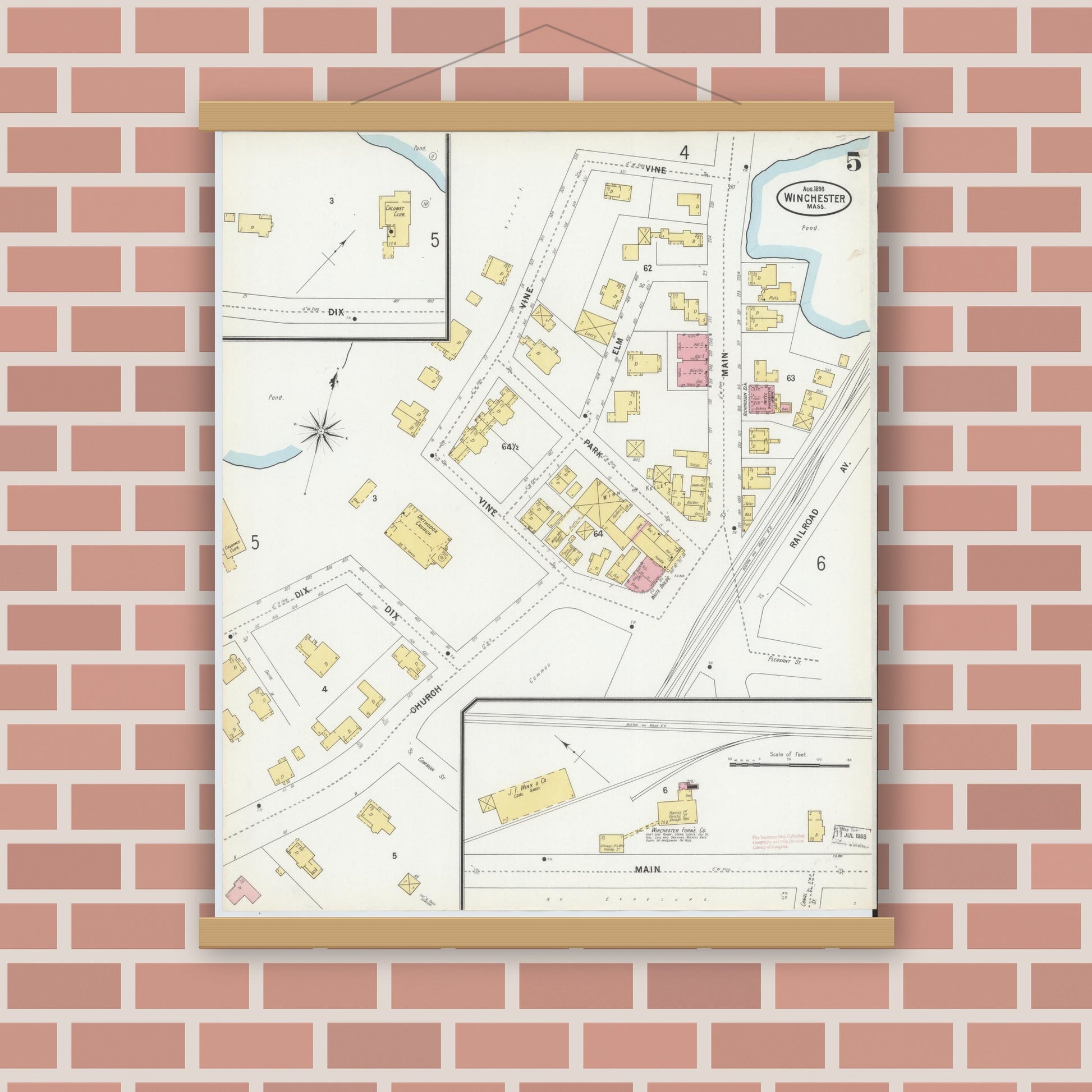 Old map wall art mockup — magnetic wood frame on brick wall — Sanborn Fire Insurance Map from Winchester, Middlesex County, Massachusetts (1899), Sheet #0005
