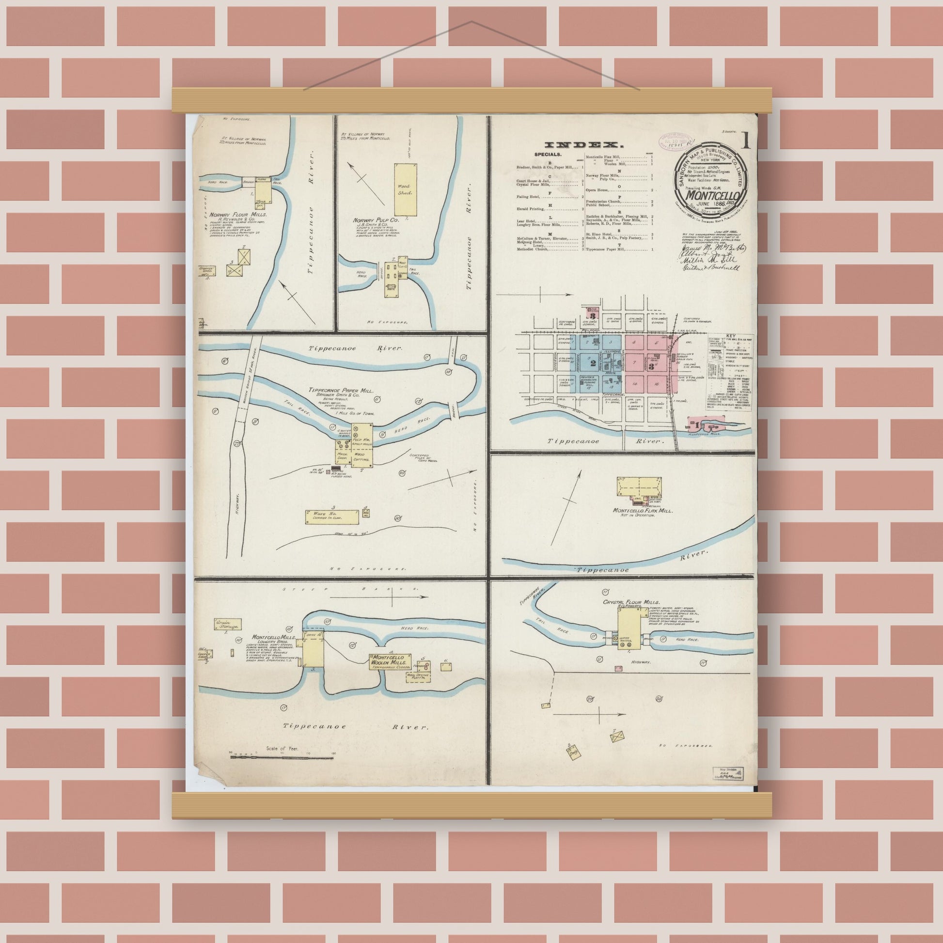 Old map wall art mockup — magnetic wood frame on brick wall — Sanborn Fire Insurance Map from Monticello, White County, Indiana (1886) - Complete Map Set