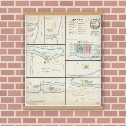Old map wall art mockup — magnetic wood frame on brick wall — Sanborn Fire Insurance Map from Monticello, White County, Indiana (1886) - Complete Map Set