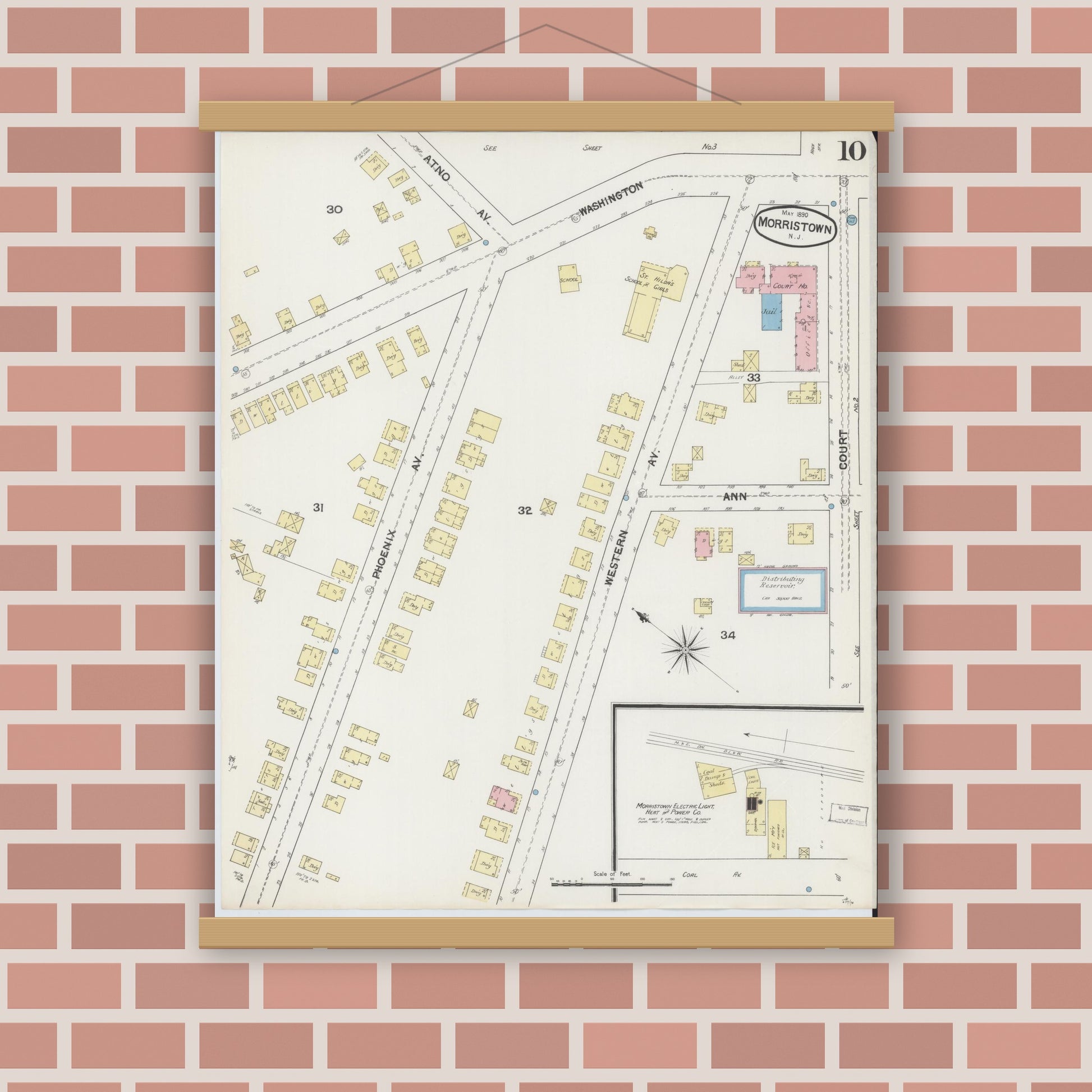 Old map wall art mockup — magnetic wood frame on brick wall — Sanborn Fire Insurance Map from Morristown, Morris County, New Jersey (1890), Sheet #0010