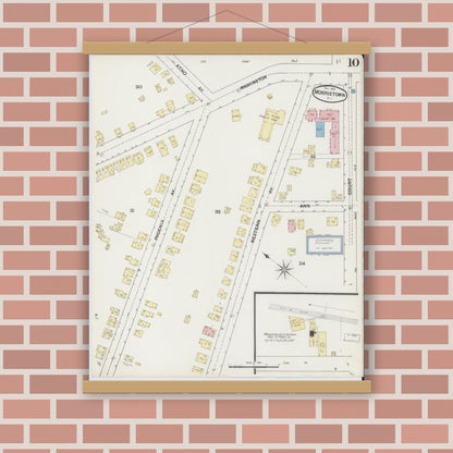 Old map wall art mockup — magnetic wood frame on brick wall — Sanborn Fire Insurance Map from Morristown, Morris County, New Jersey (1890), Sheet #0010