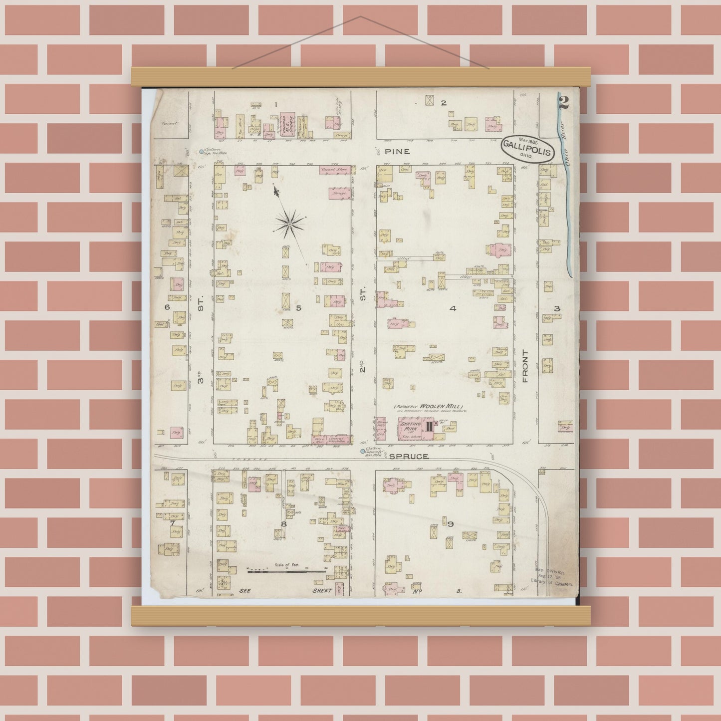 Old map wall art mockup — magnetic wood frame on brick wall — Sanborn Fire Insurance Map from Gallipolis, Gallia County, Ohio (1885), Sheet #0002