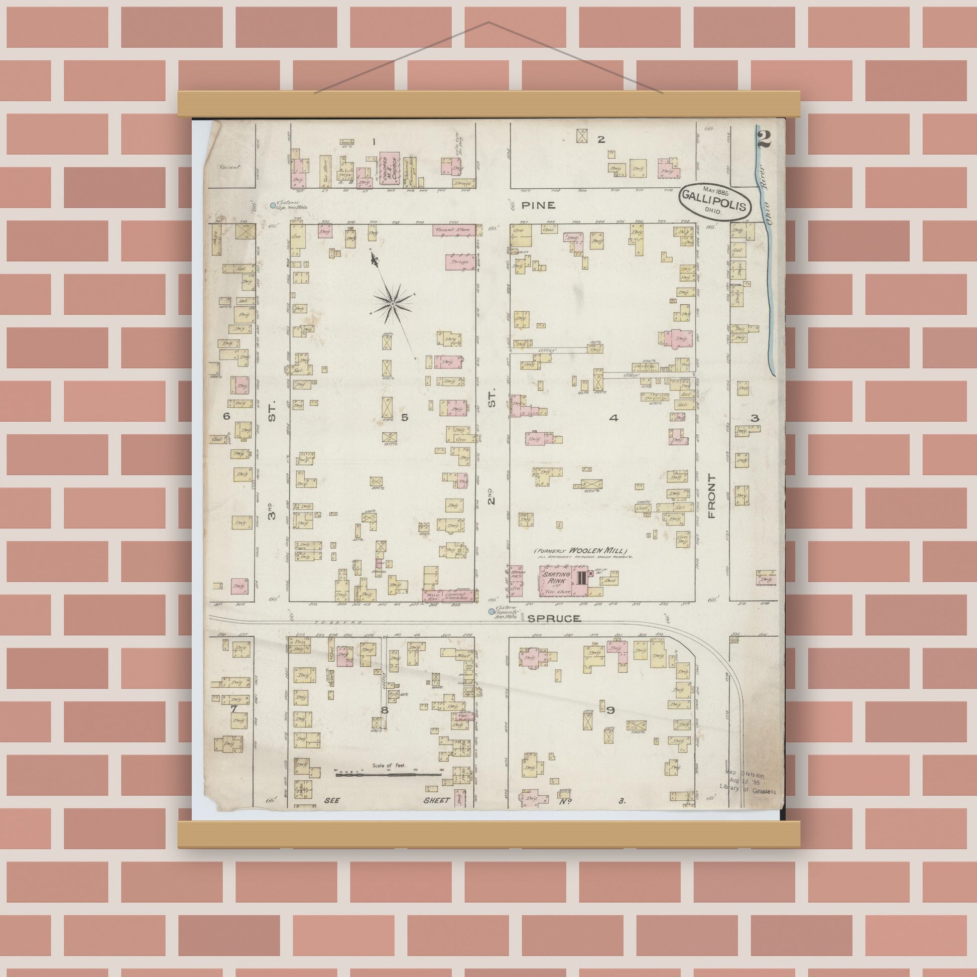Old map wall art mockup — magnetic wood frame on brick wall — Sanborn Fire Insurance Map from Gallipolis, Gallia County, Ohio (1885), Sheet #0002